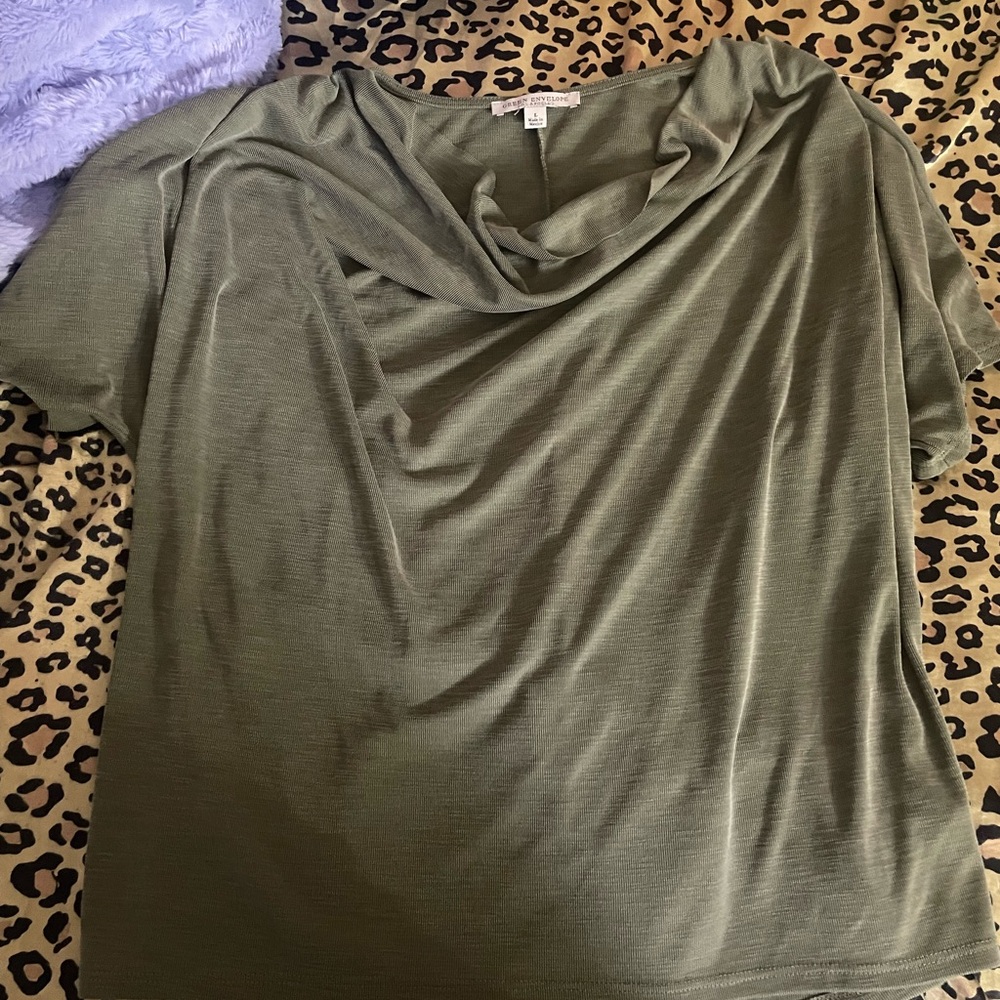 Green Envelope Olive Draped Cowl Neck Blouse